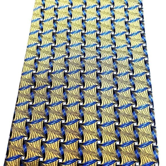 Pronto Uomo Yellow Blue Geometric Woven Italian Wide Silk Tie - Picture 2 of 6